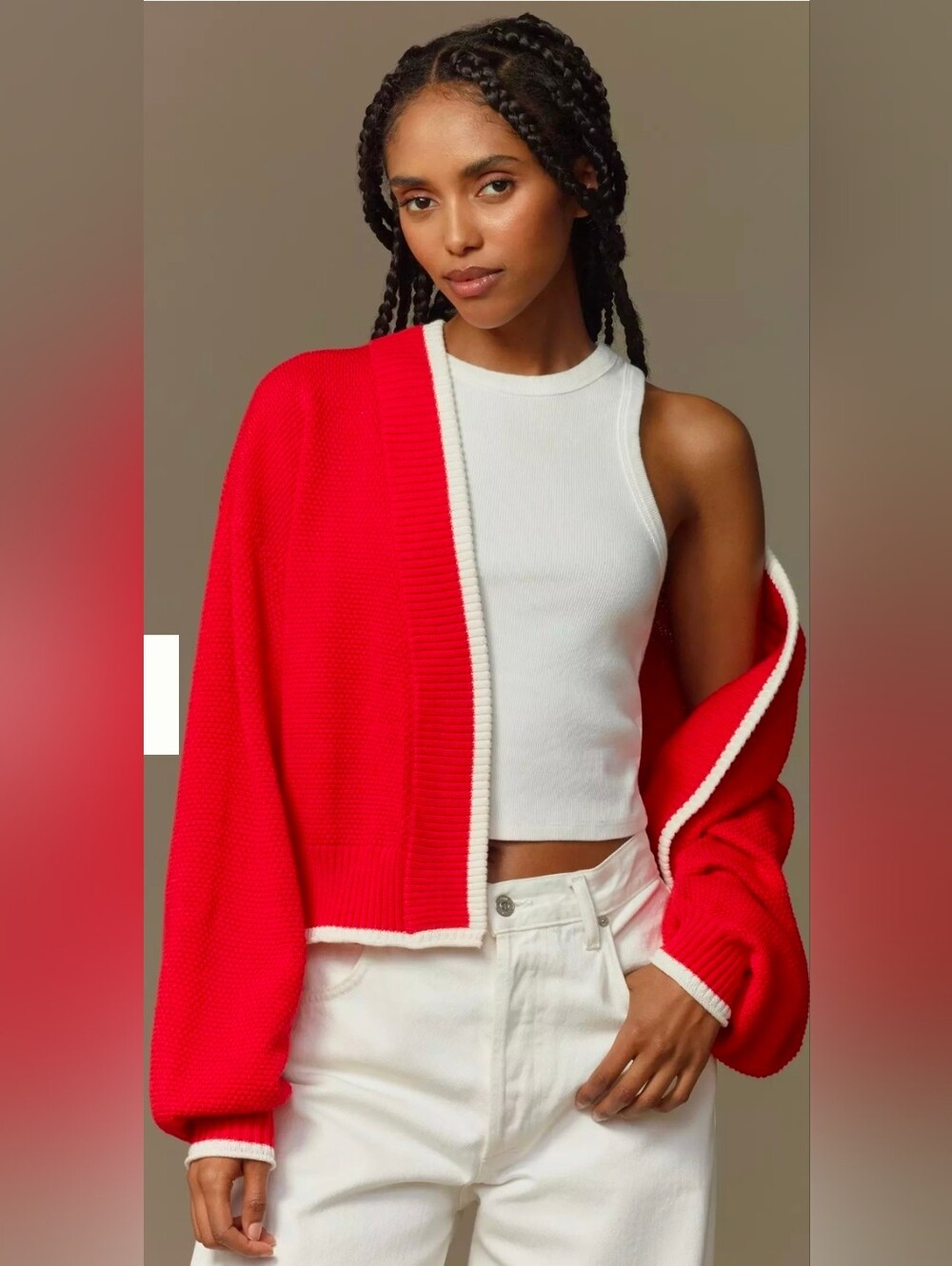 Anthro Livvy Waffle Knit Cardigan Sweater by Flat White: Colorblock Trim One Sz